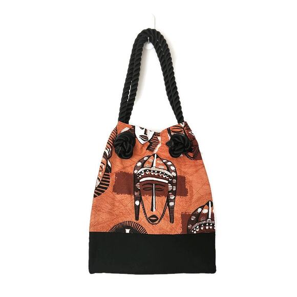 Women's Brown Black Canvas Tribal Ethnic Pattern Tote - Picture 2 of 6